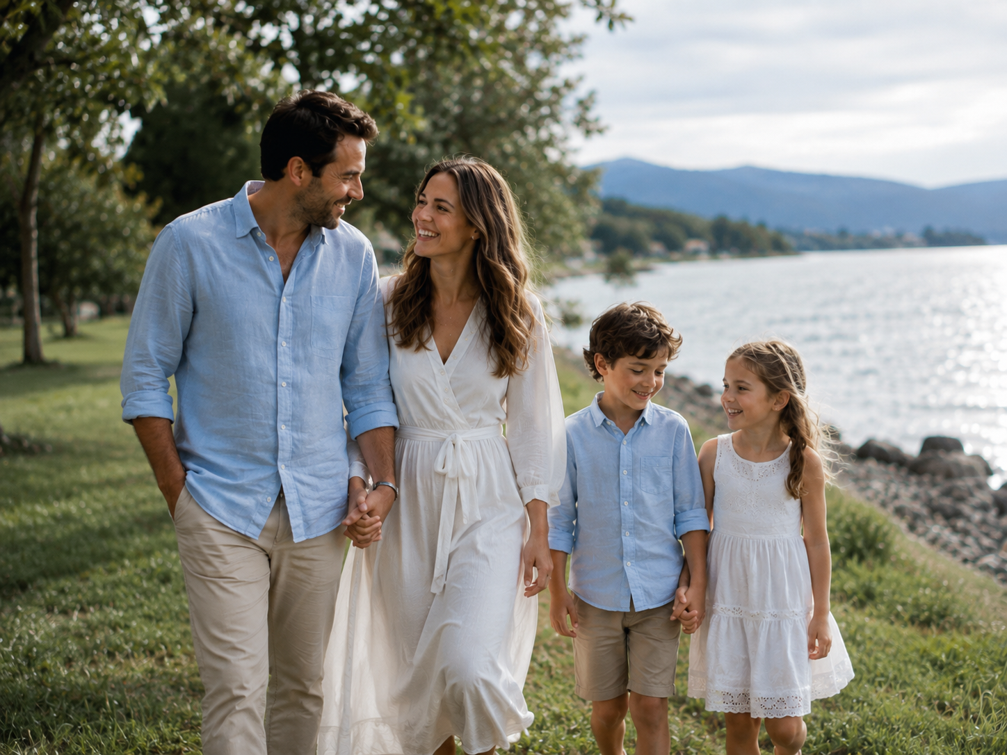 Famille marchant au bord d’un lac