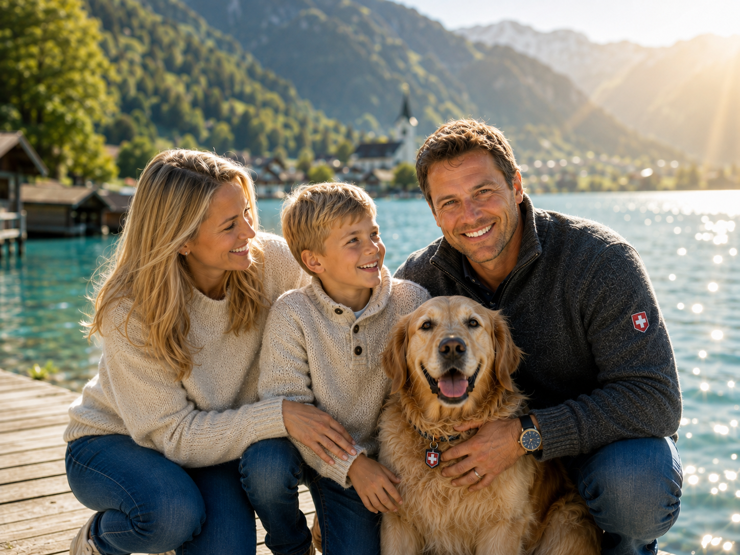Famille réunie avec son chien au bord du lac